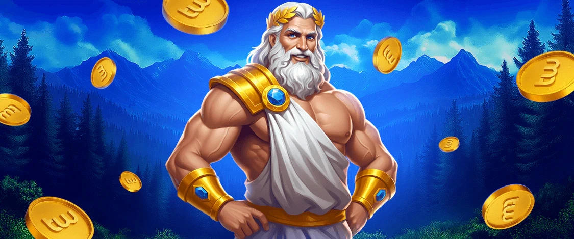 Twin Casino promo art with Zeus and gold coins