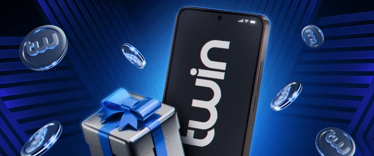 Twin Casino app promotion with a smartphone and a gift box