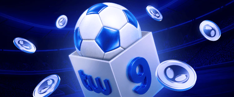 Twin Casino promo art with a football on a branded cube and coins