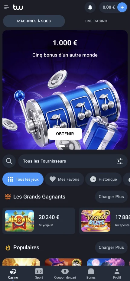 Lobby de l’application Twin Casino sur mobile