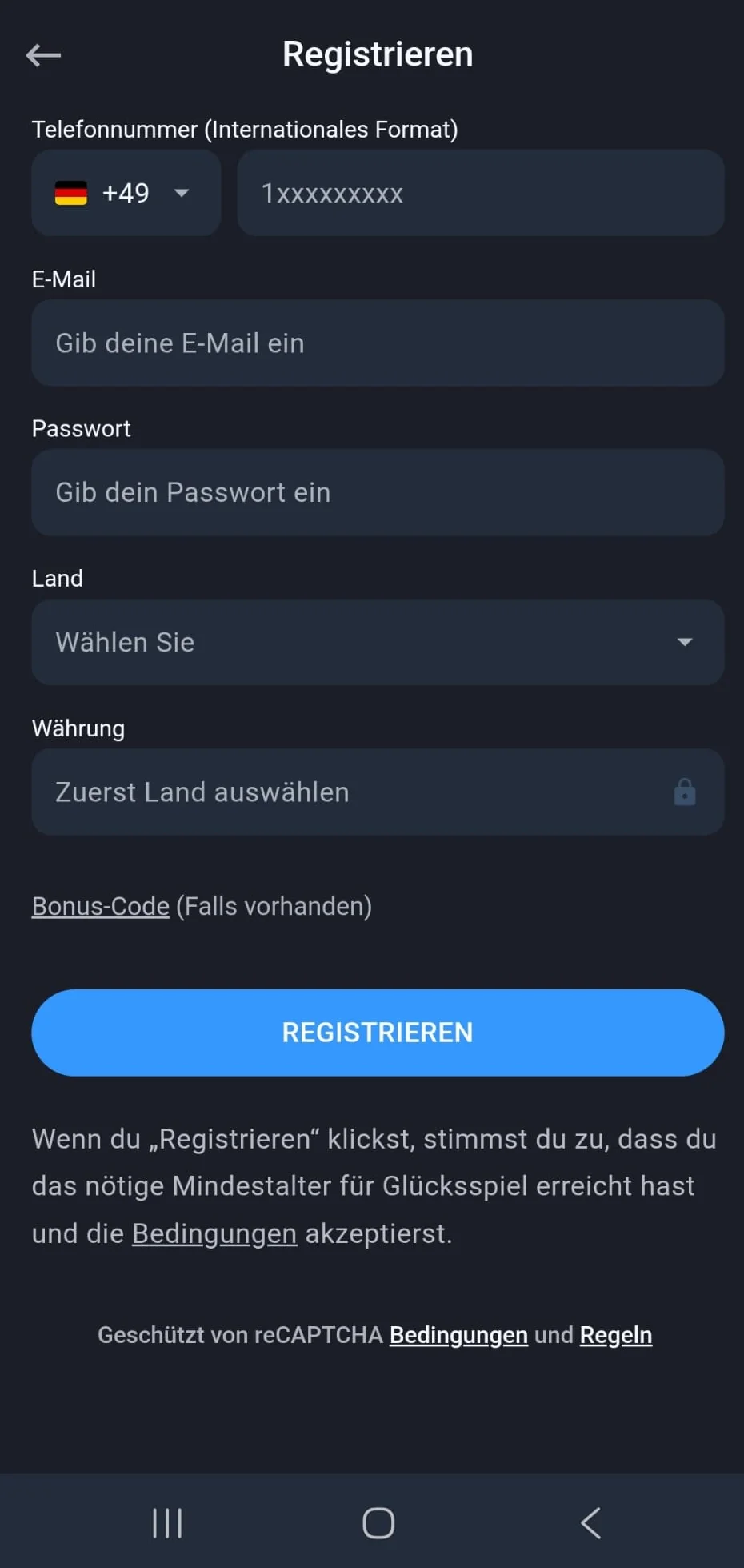 Registrierungsformular in der Twin Casino App