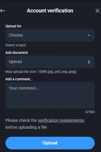 Account verification form in the Twin Casino app with the document upload field