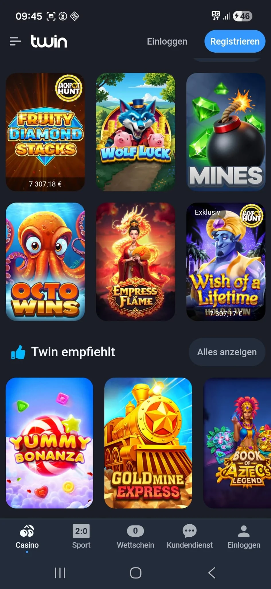 Spielübersicht in der mobilen Twin Casino App