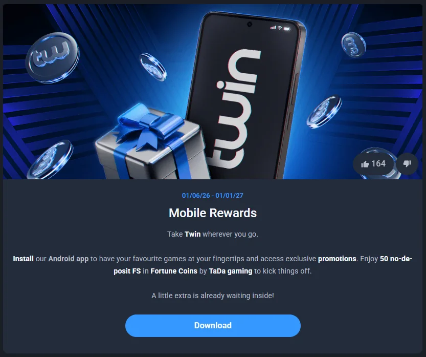 Mobile Rewards promotion screen in the Twin Casino app with a download button