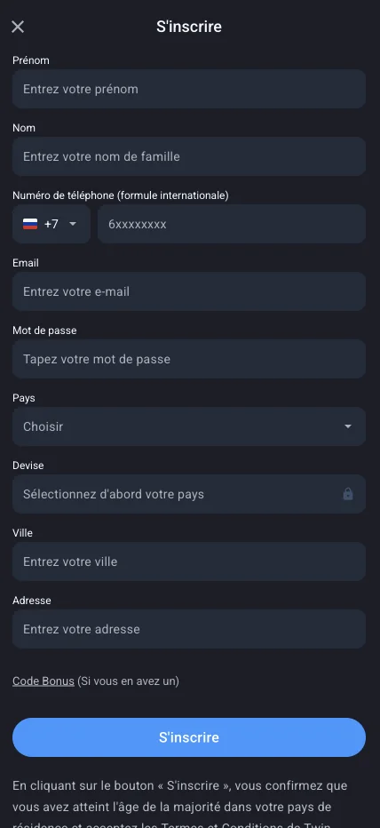 Formulaire d’inscription dans l’application Twin Casino