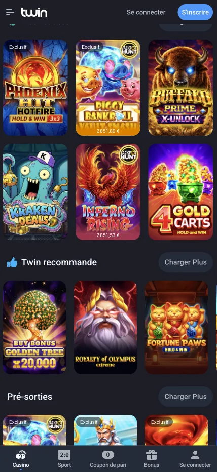 Catalogue de jeux dans l’application mobile Twin Casino