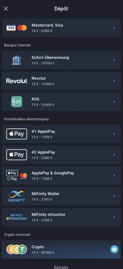 Écran de dépôt avec les méthodes de paiement sur mobile