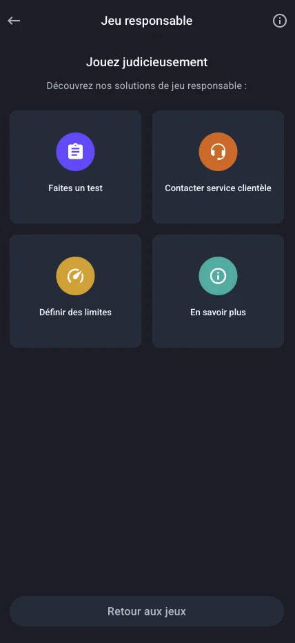 Écran des outils de jeu responsable dans l’application