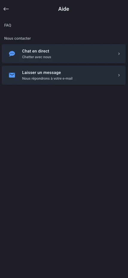 Écran d’aide avec le chat en direct et le formulaire de message